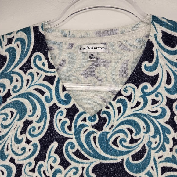 Croft & Barrow Knit Top Size XL Blue Mermaid Waves Silver Metallic Soft Comfy - Picture 10 of 16